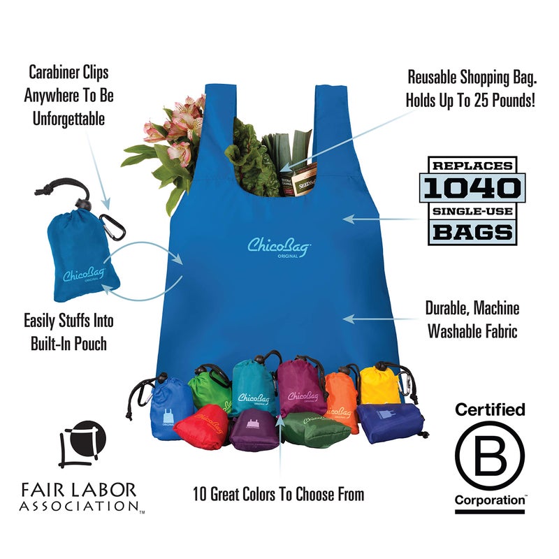 ChicoBag Original Compact Reusable Grocery Bag w/Attached Pouch and Carabiner Clip | Perfect for Shopping, Travel, Organization | Eco-Conscious Packable Tote | Mazarine Blue (Pack of 1) - Image 5
